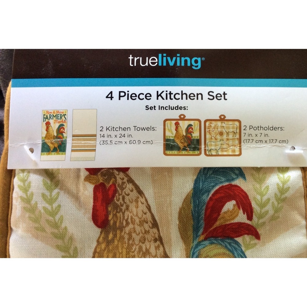4 Piece Rooster Chicken‎ Pig Cow Set Kitchen Dish Hand Towel Pot Holder NEW